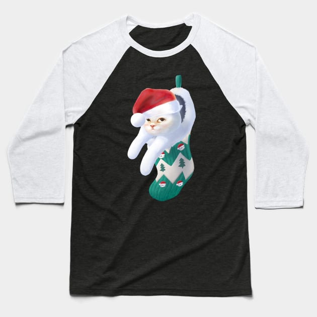 Kitten in Christmas Stocking Baseball T-Shirt by zkozkohi